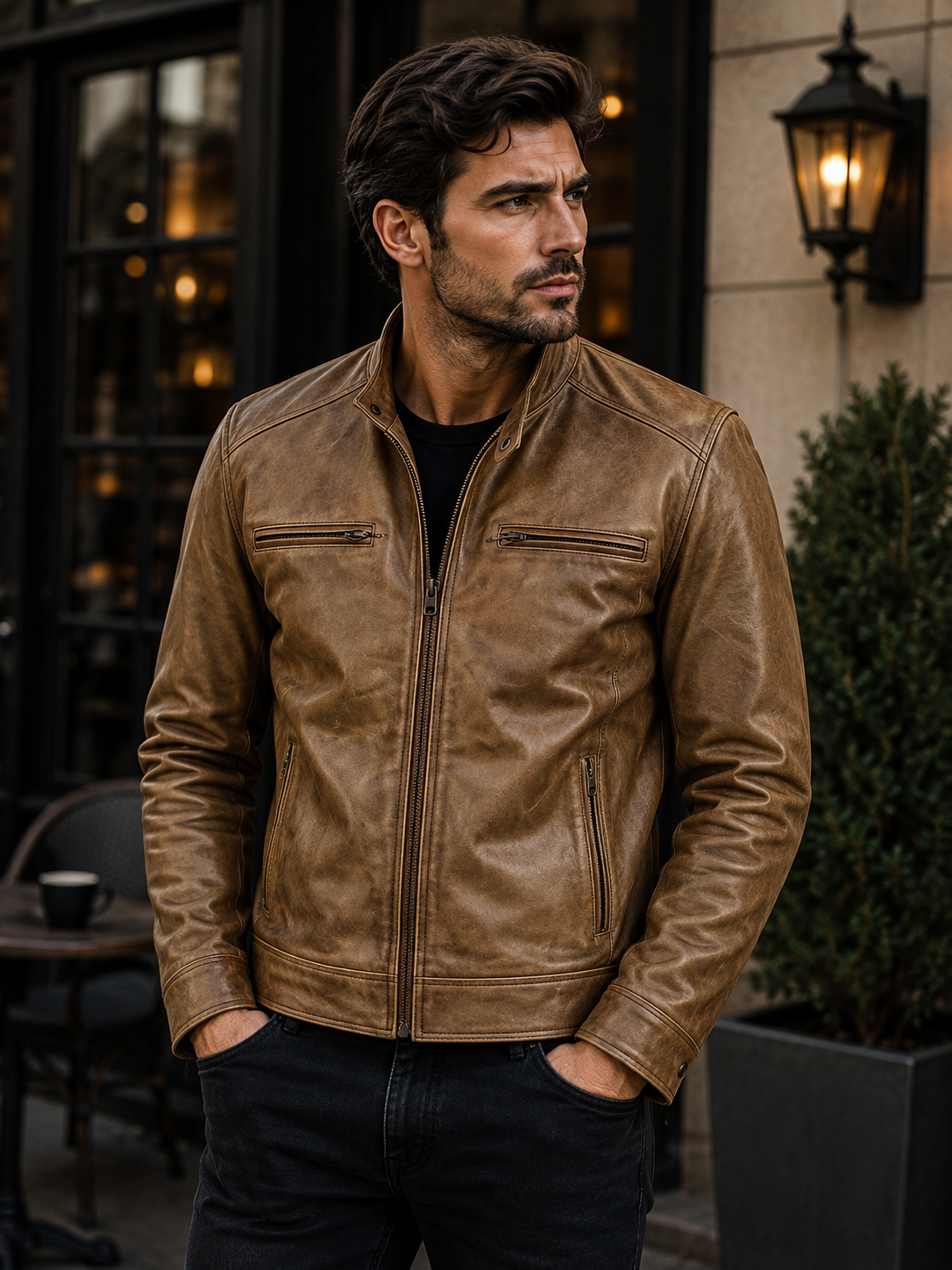 Dodge Men's Camel Brown Genuine Leather Cafe Racer Biker Style Jacket