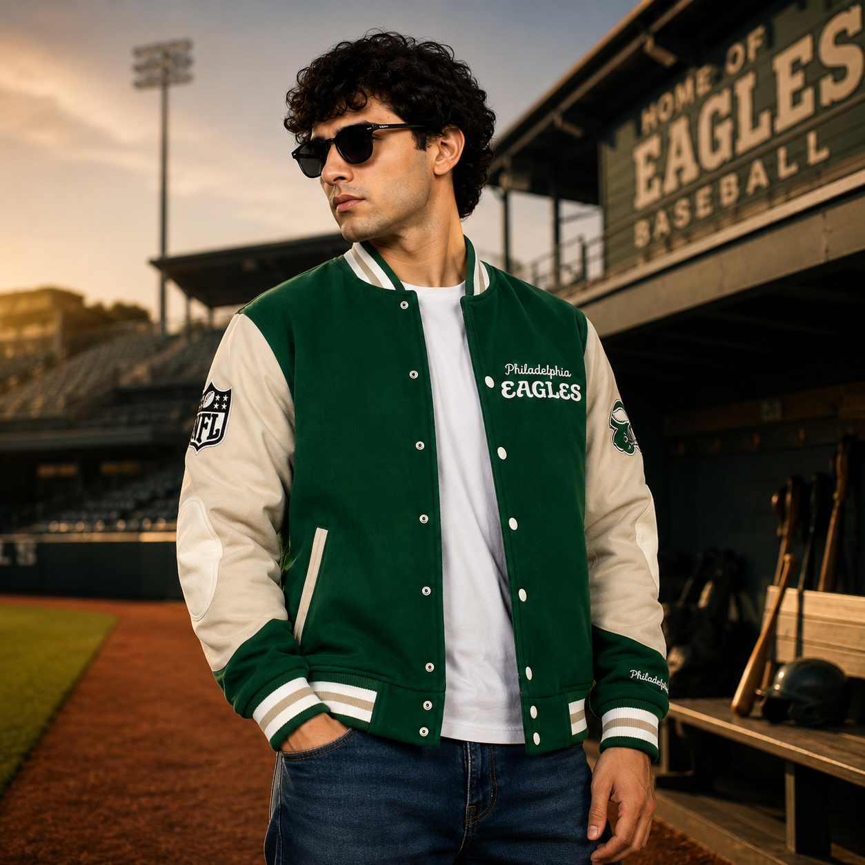 Men's Green Cream Eagles Varsity Jacket Streetwear Outfit