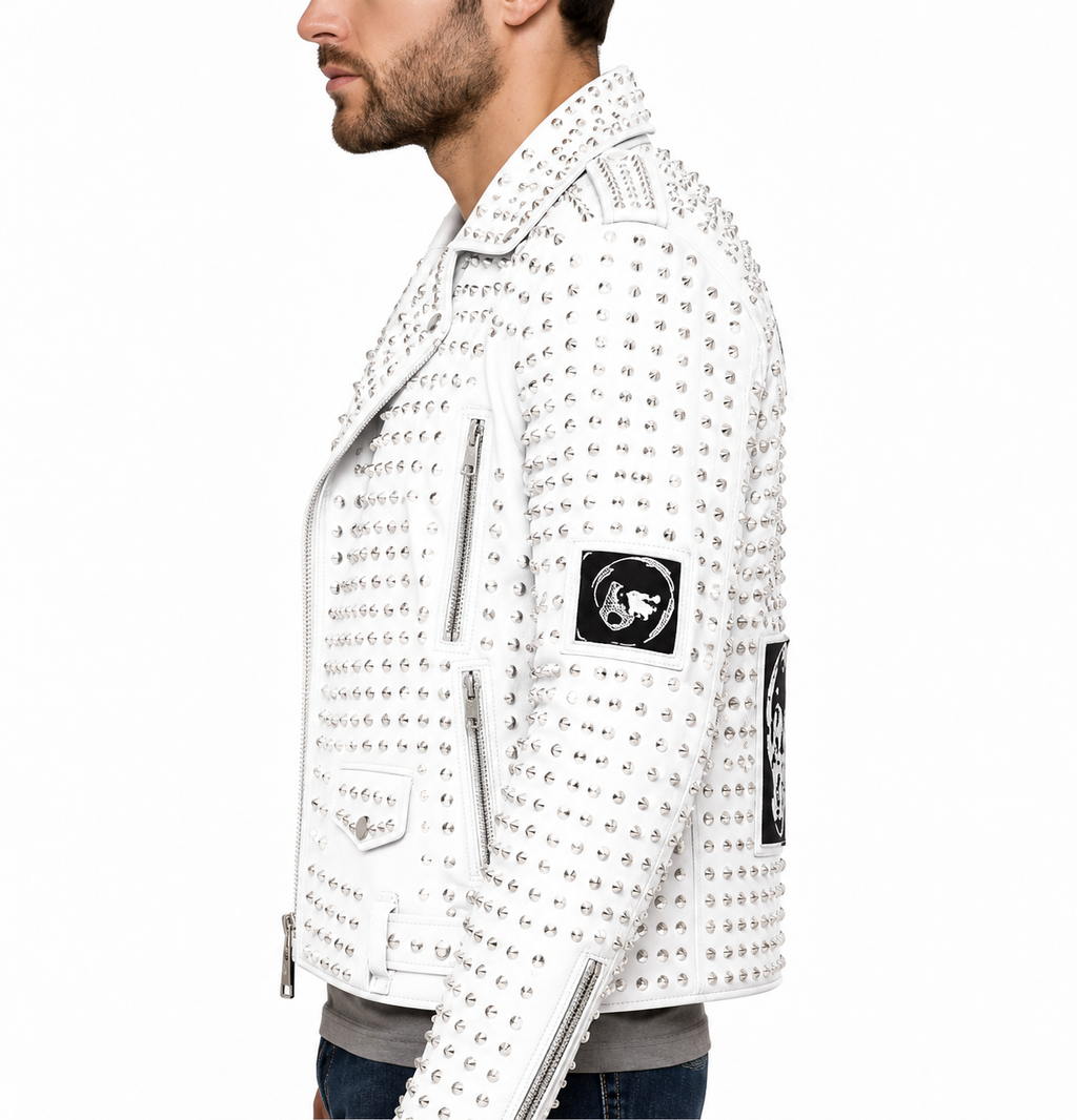 White studded leather biker jacket