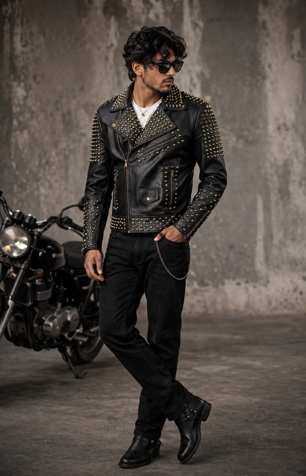 Men's Golden Studded Spike Black Leather Biker Jacket