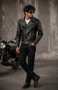 Men's Golden Studded Spike Black Leather Biker Jacket