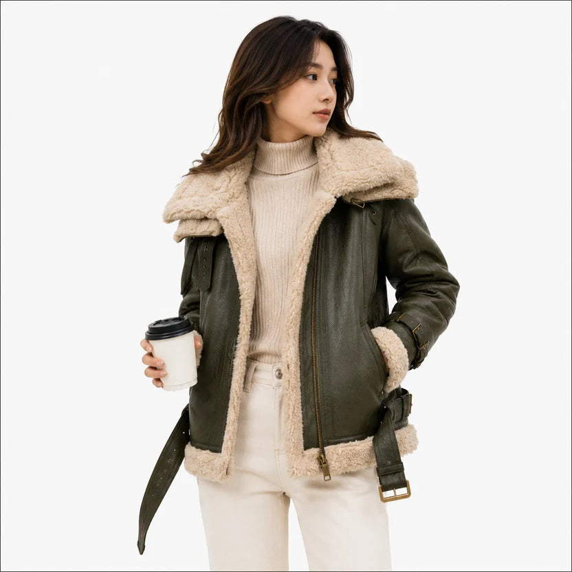 Women's olive green shearling aviator jacket winter outfit