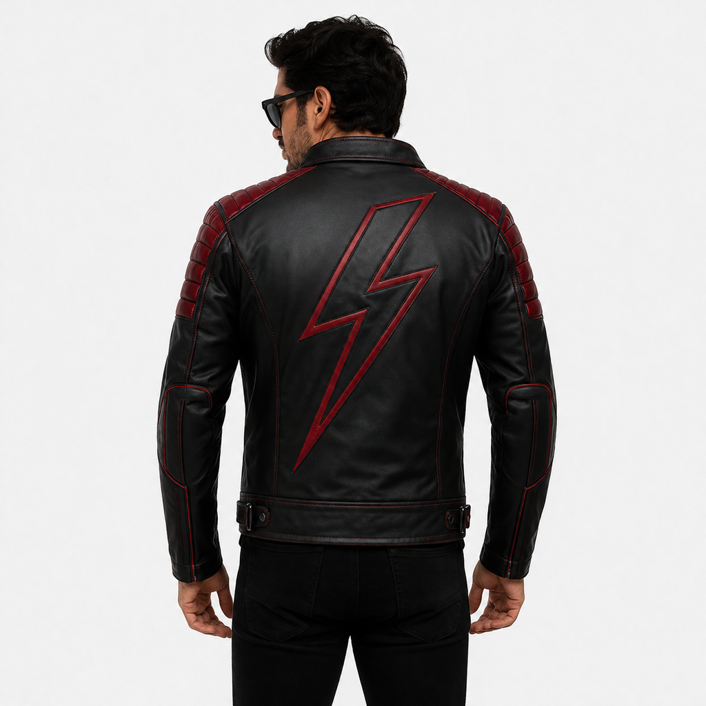 Men's Black & Maroon Racer Leather Biker Jacket