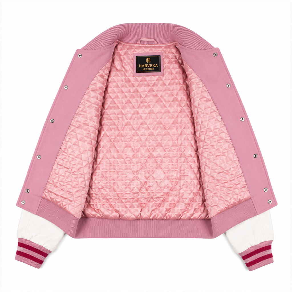 Women's Pink LA Bomber Jacket with White Leather Sleeves and Embroidery