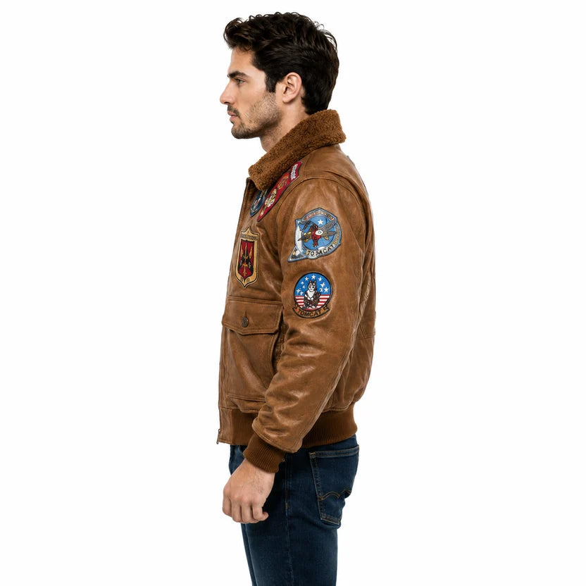 Tan Leather Top Gun Jacket with Embroidered Military Patches