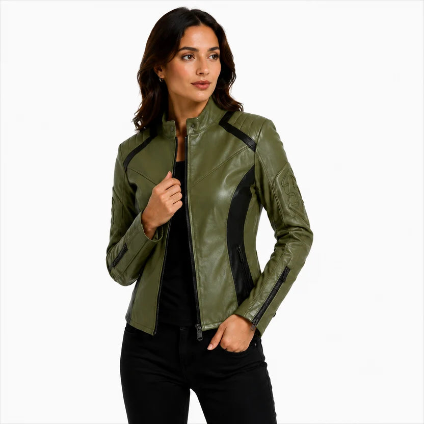 women's olive green leather jacket