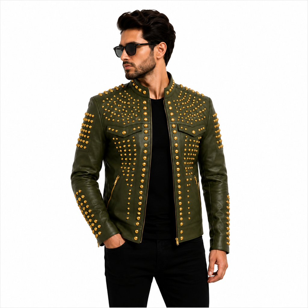 Men's Olive Green Studded Leather Jacket