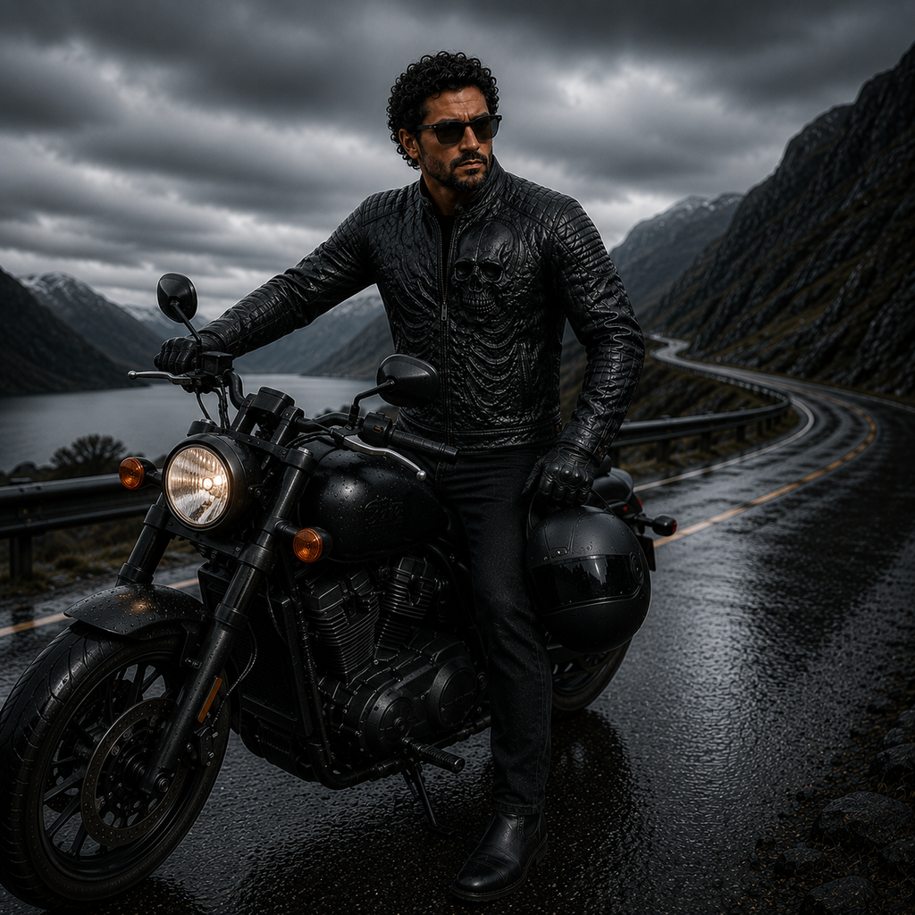 Men's Black Skull Embossed Biker Leather Jacket