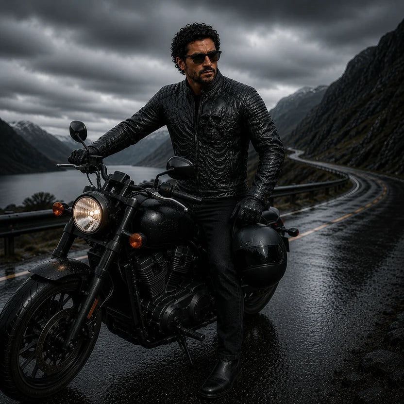 Men's Charcoal Grey Skull Skeleton Leather Jacket Dark Biker Rainy Road Outfit