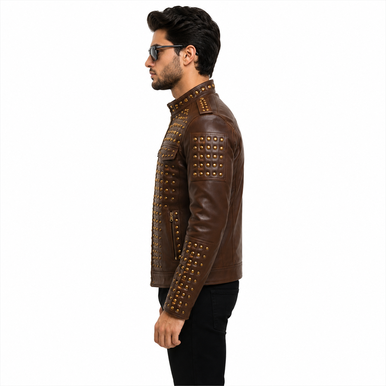 Men's Brown Studded Leather Moto Jacket