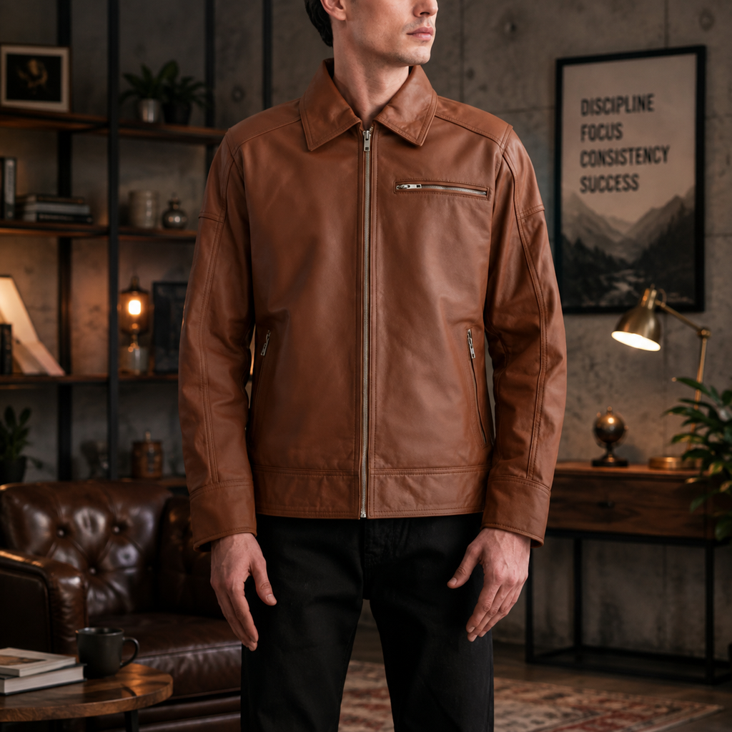Men's Cognac Brown Leather Trucker Jacket