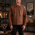 Men's Cognac Brown Leather Trucker Jacket