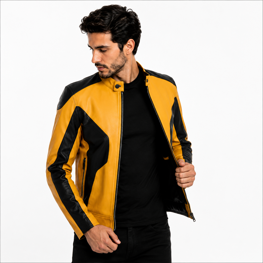 Men's Yellow & Black Genuine Leather Biker Jacket
