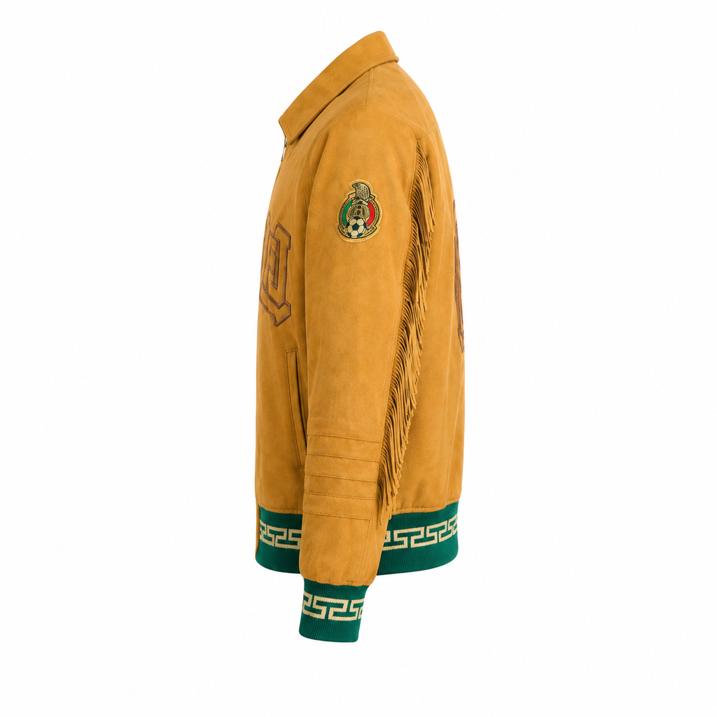 Mustard Yellow Mexico Suede Fringe Varsity Jacket with Eagle and Soccer Ball Crest on Back