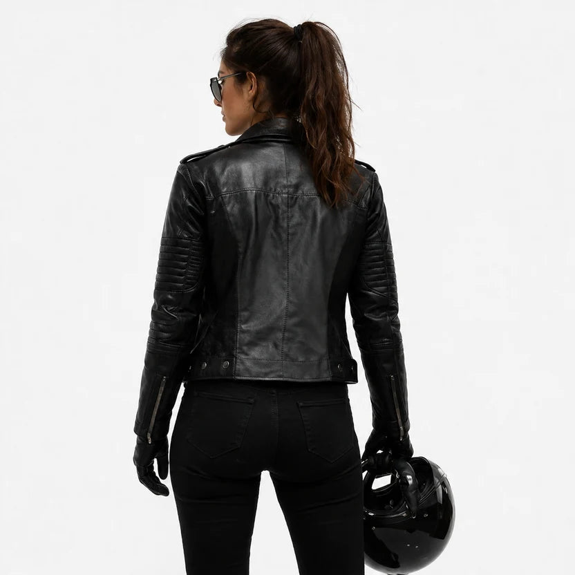 women's black leather biker jacket