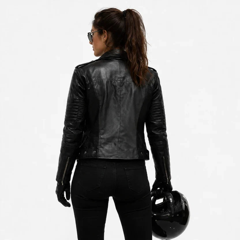 Women's Black & White Genuine Leather Moto Jacket