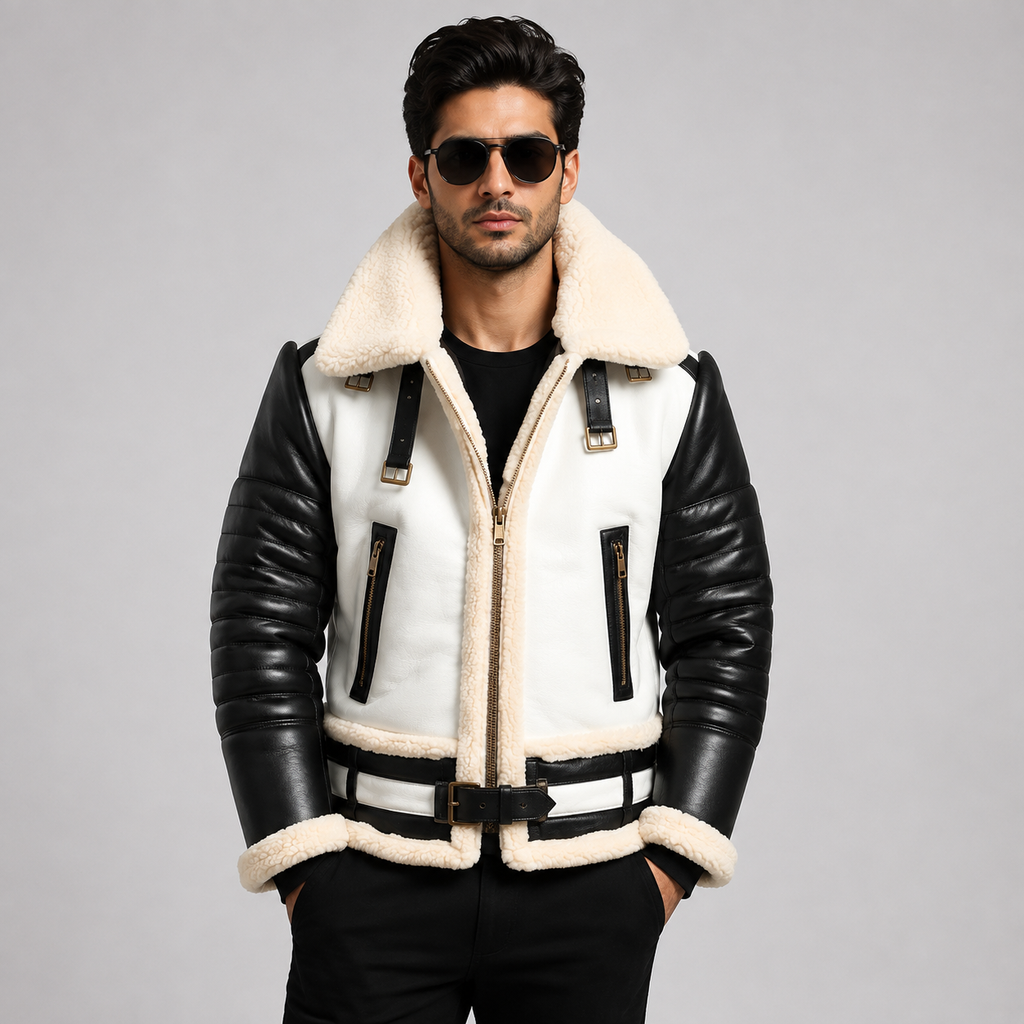 Men's Black and White Shearling Bomber Jacket 
