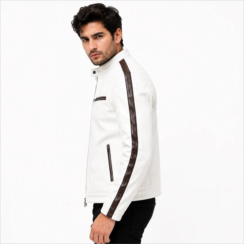 Men's White Black Stripe Cafe Racer Leather Jacket