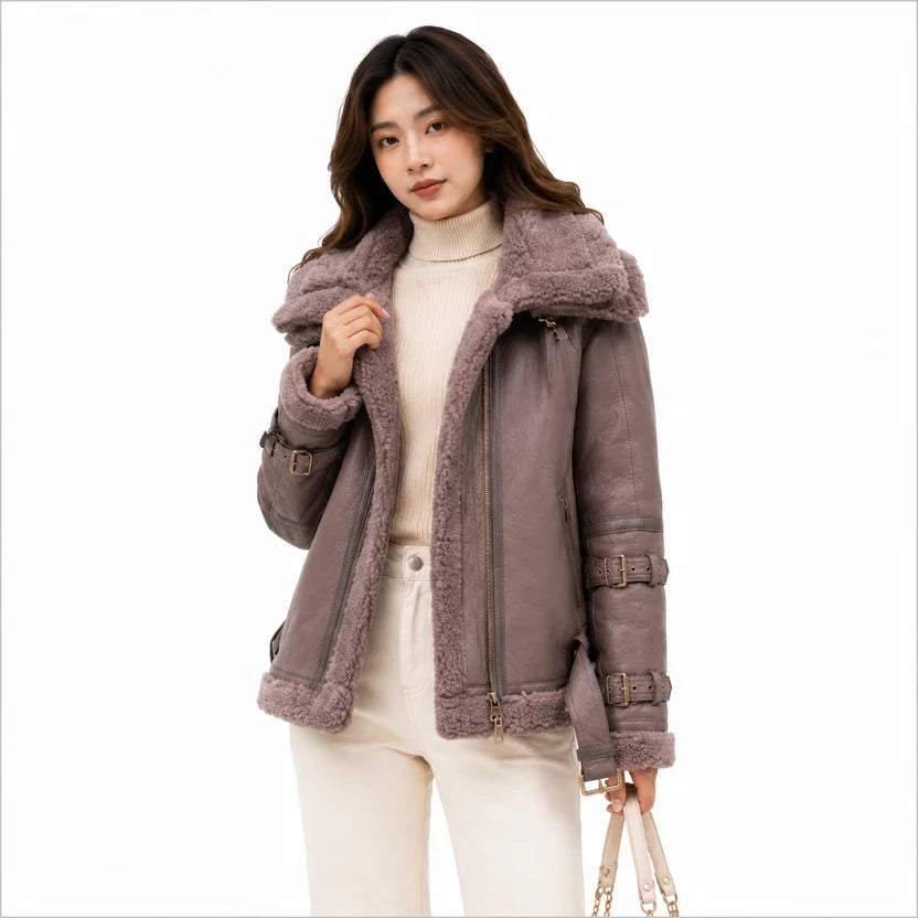 women's brown genuine leather shearling bomber jacket