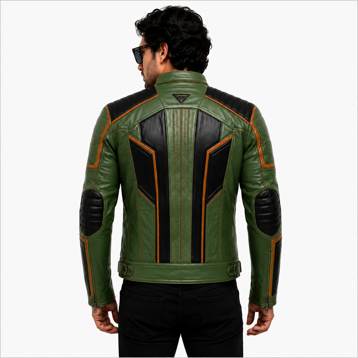 Men's Green & Black Racer Leather Jacket with Quilted Shoulders