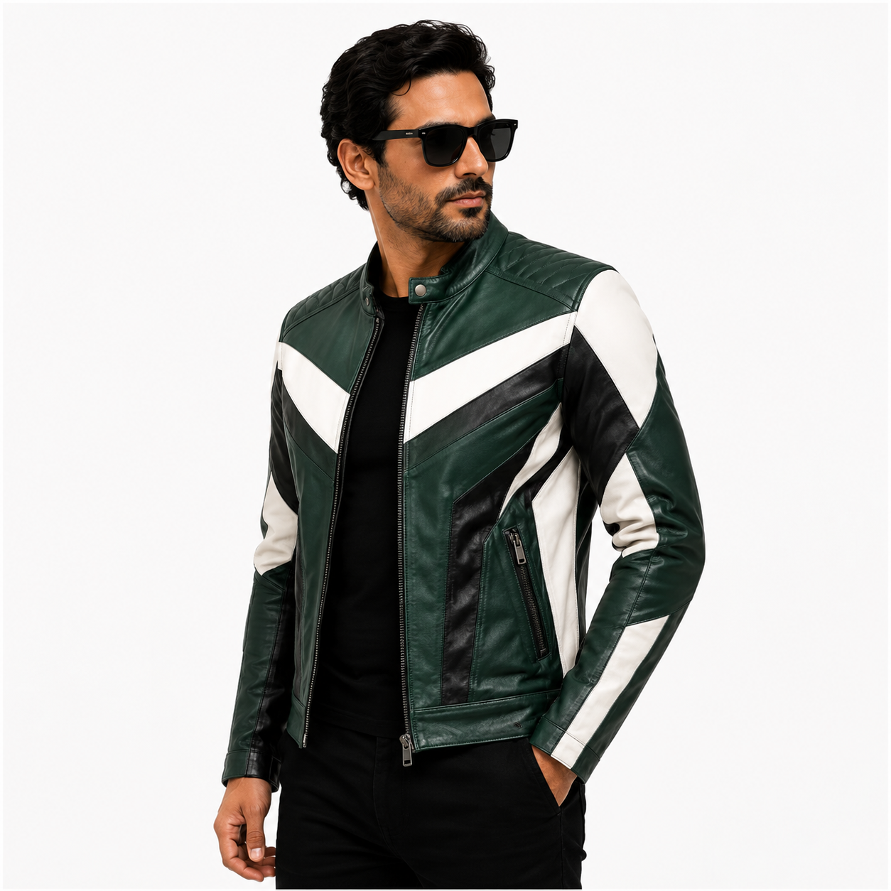 Men's Green, Black & White Racer Leather Jacket