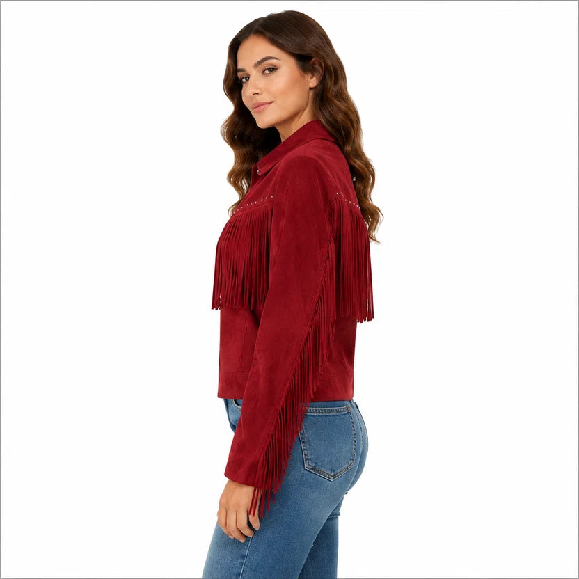 Women's Burgundy Red Suede Fringe Western Jacket