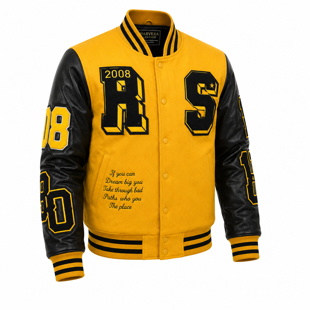 Men's Yellow and Black Varsity Letterman Jacket with Faux Leather Sleeves