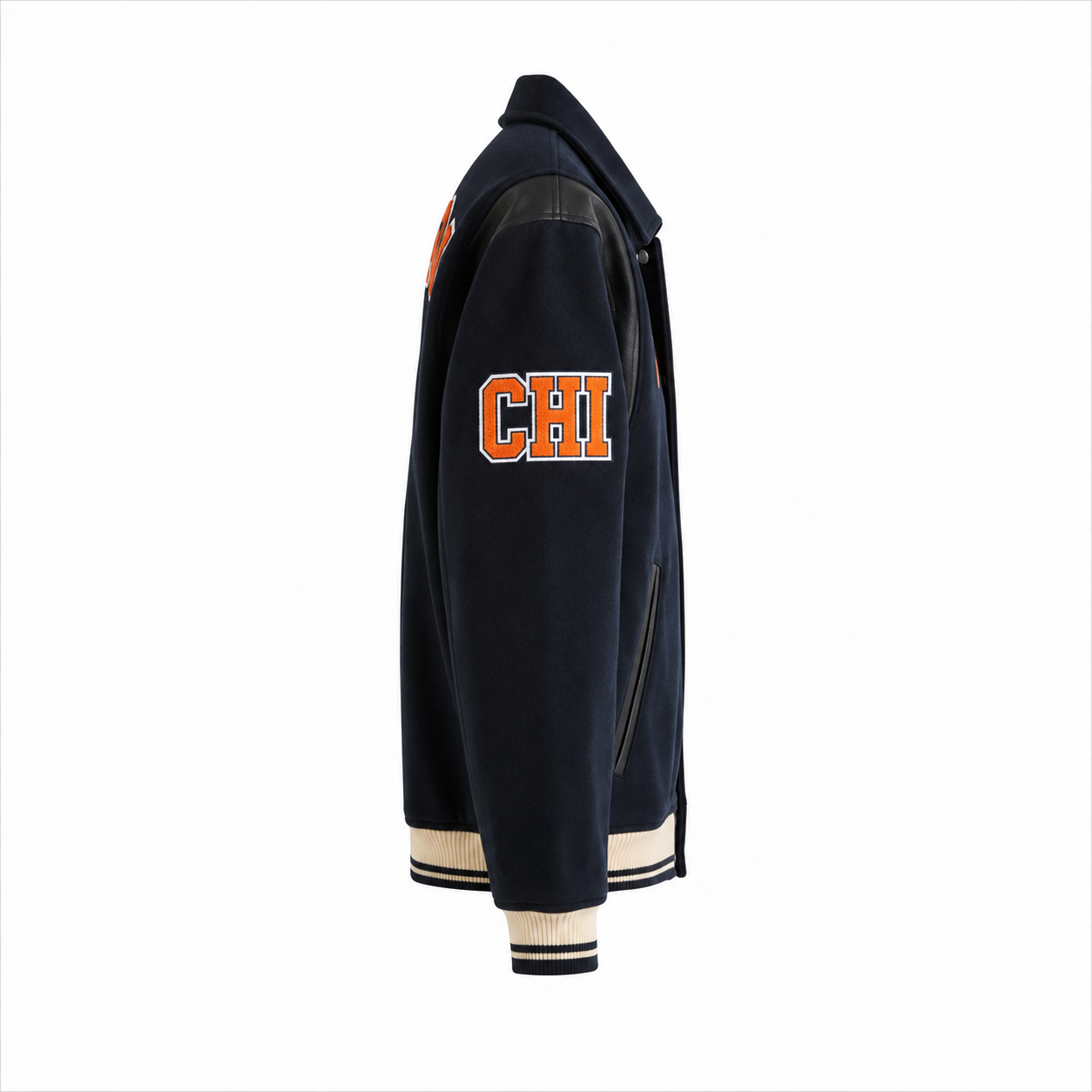 Navy Blue Chicago Bears NFL Varsity Jacket with Bear Logo and 85 Patch