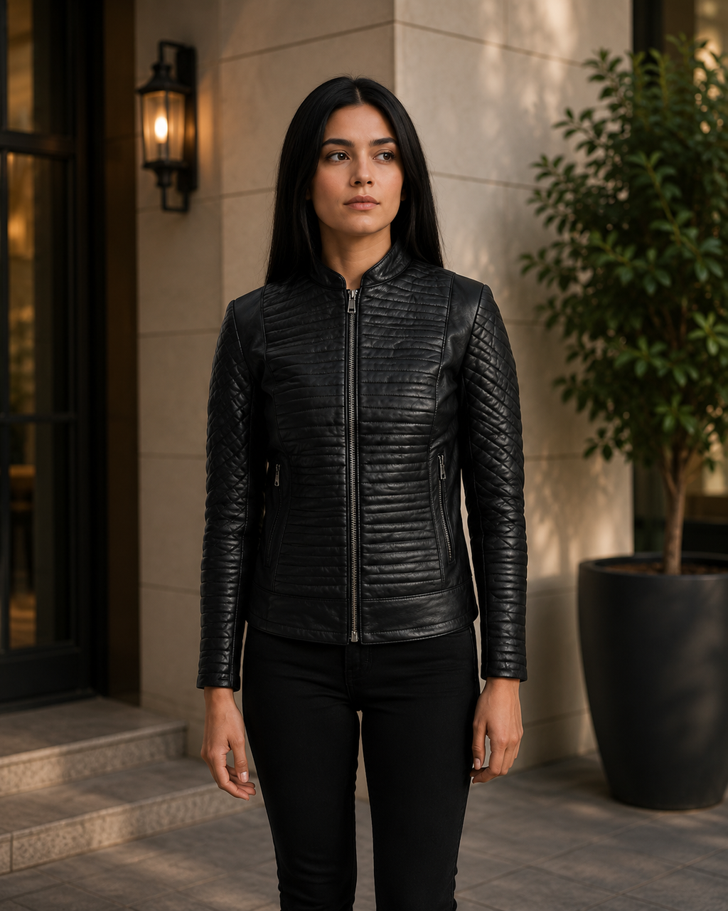 Women's Black Quilted Leather Biker Jacket
