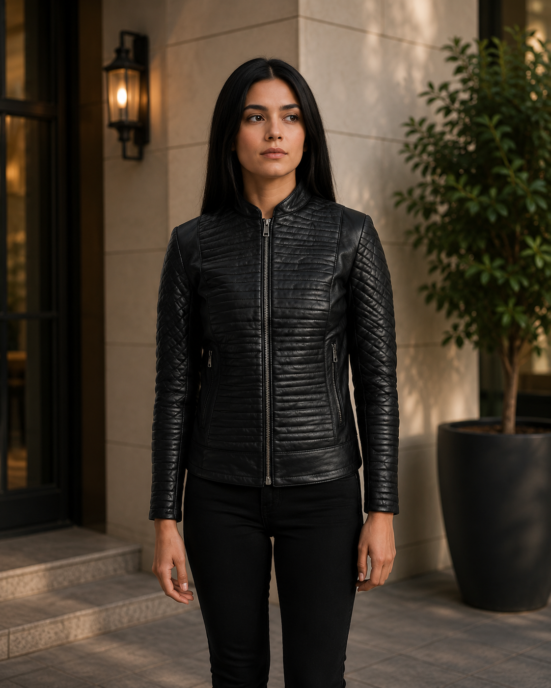 Women's Black Quilted Leather Biker Jacket