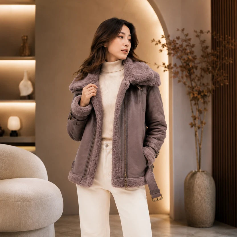 Women's Mauve Brown Shearling Aviator Jacket