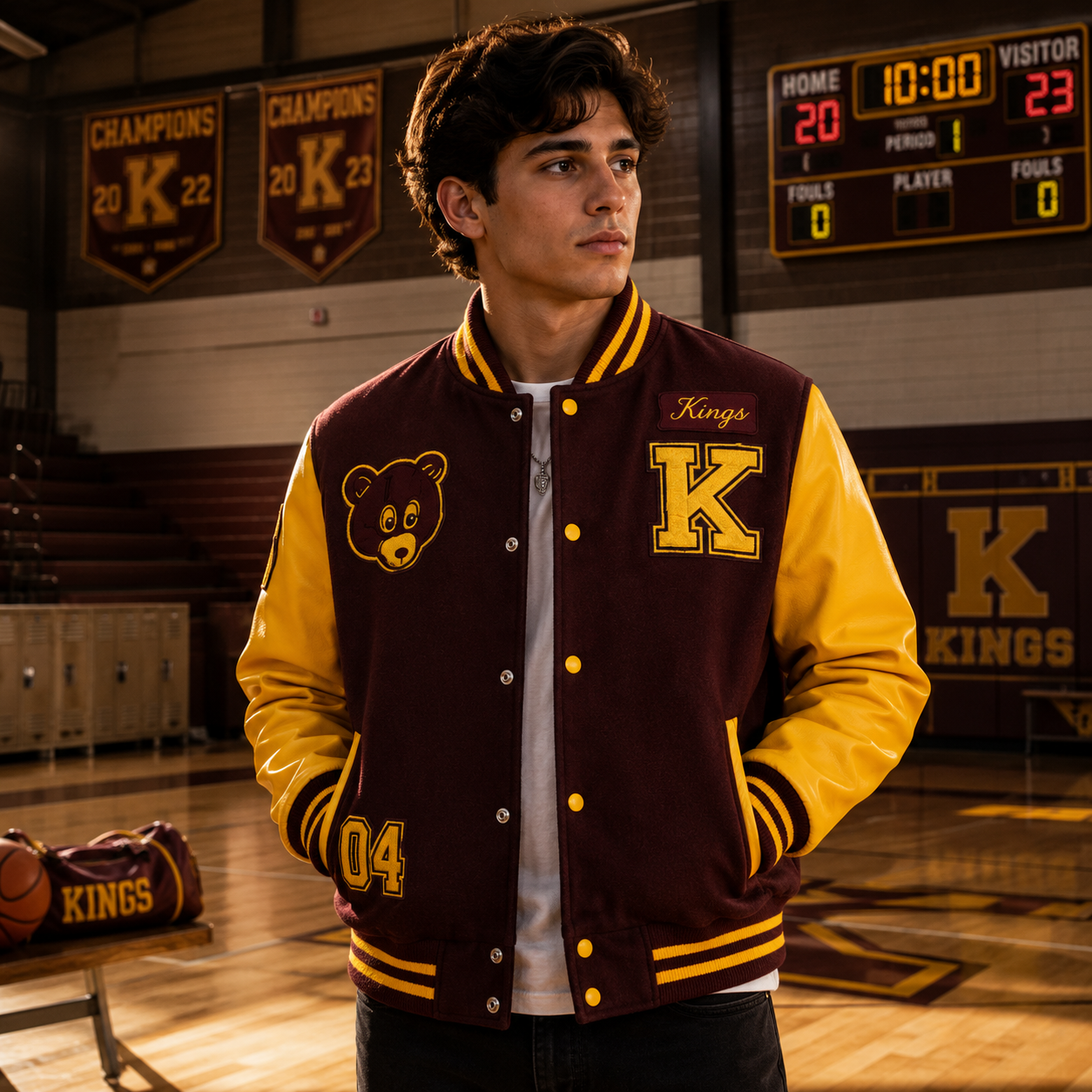 Maroon and Yellow Kings Varsity Jacket with Big K Letter and Bear Patch