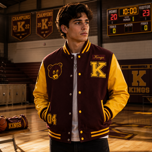 Maroon and Yellow Kings Varsity Jacket with Big K Letter and Bear Patch