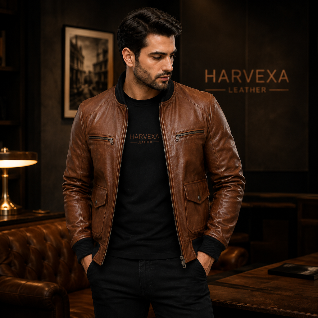 Men's brown leather flight bomber jacket