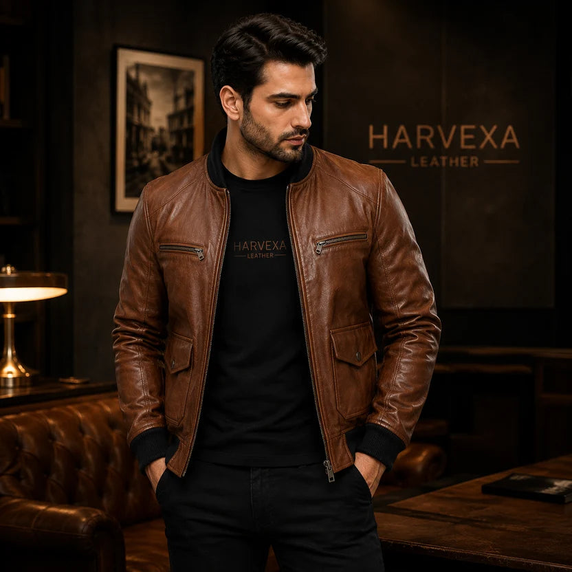 Men's Cognac Brown Genuine Leather Bomber Jacket