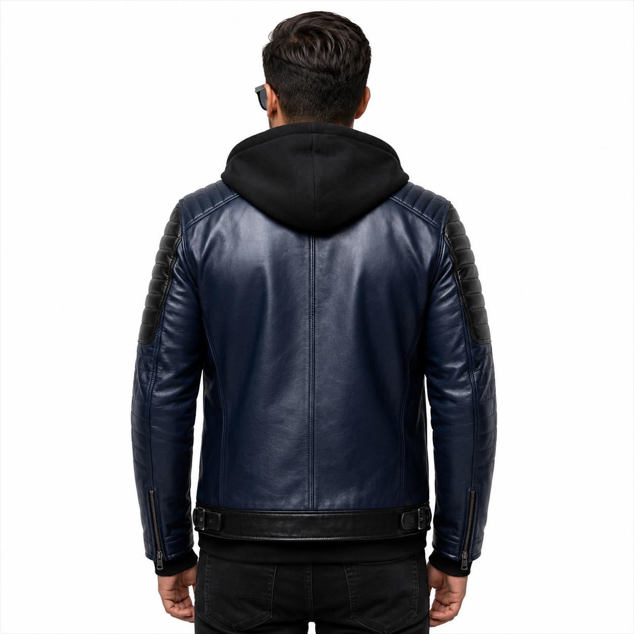 Men's navy blue hooded leather biker jacket