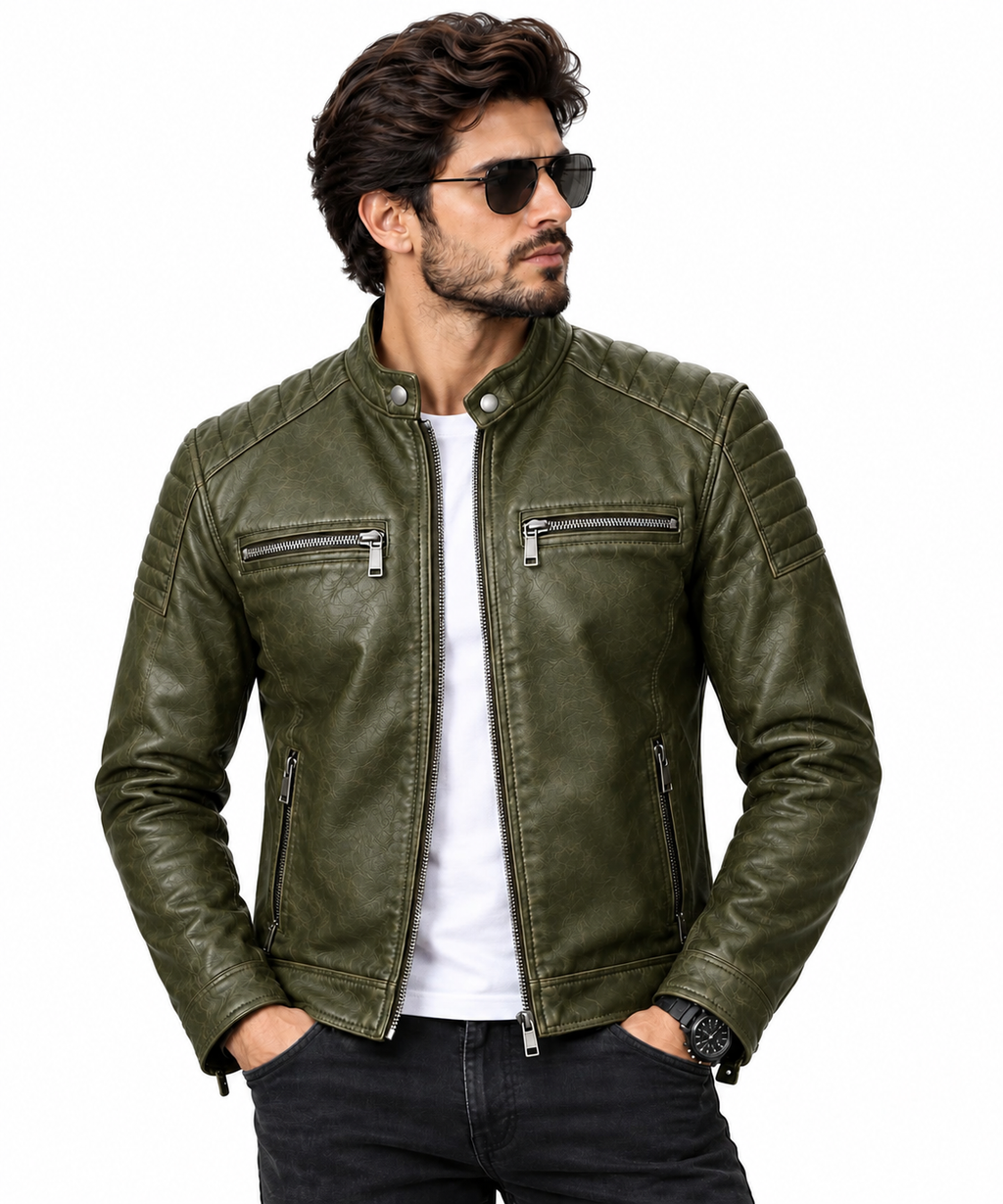 Olive Green Men’s Moto Leather Jacket with Quilted Sleeves Harvexa Leather