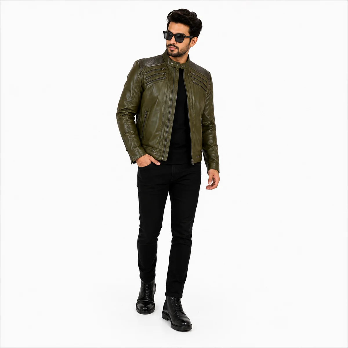 Green Leather Jacket with Textured Shoulder Panels MJ Style