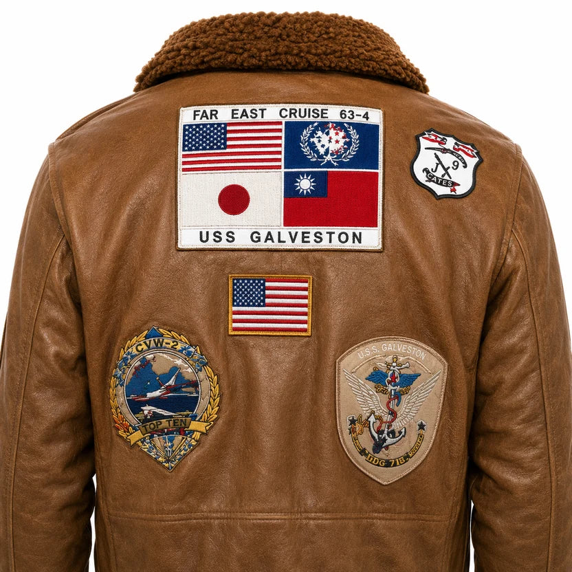 Tan Leather Jacket with Vintage Wash and Colorful Patches