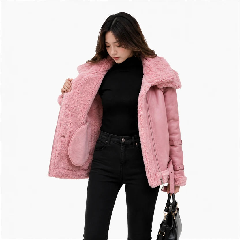 Women's pink leather shearling jacket