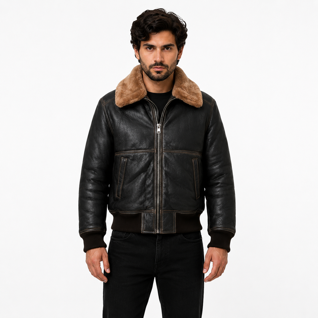 Men's black leather shearling aviator bomber jacket
