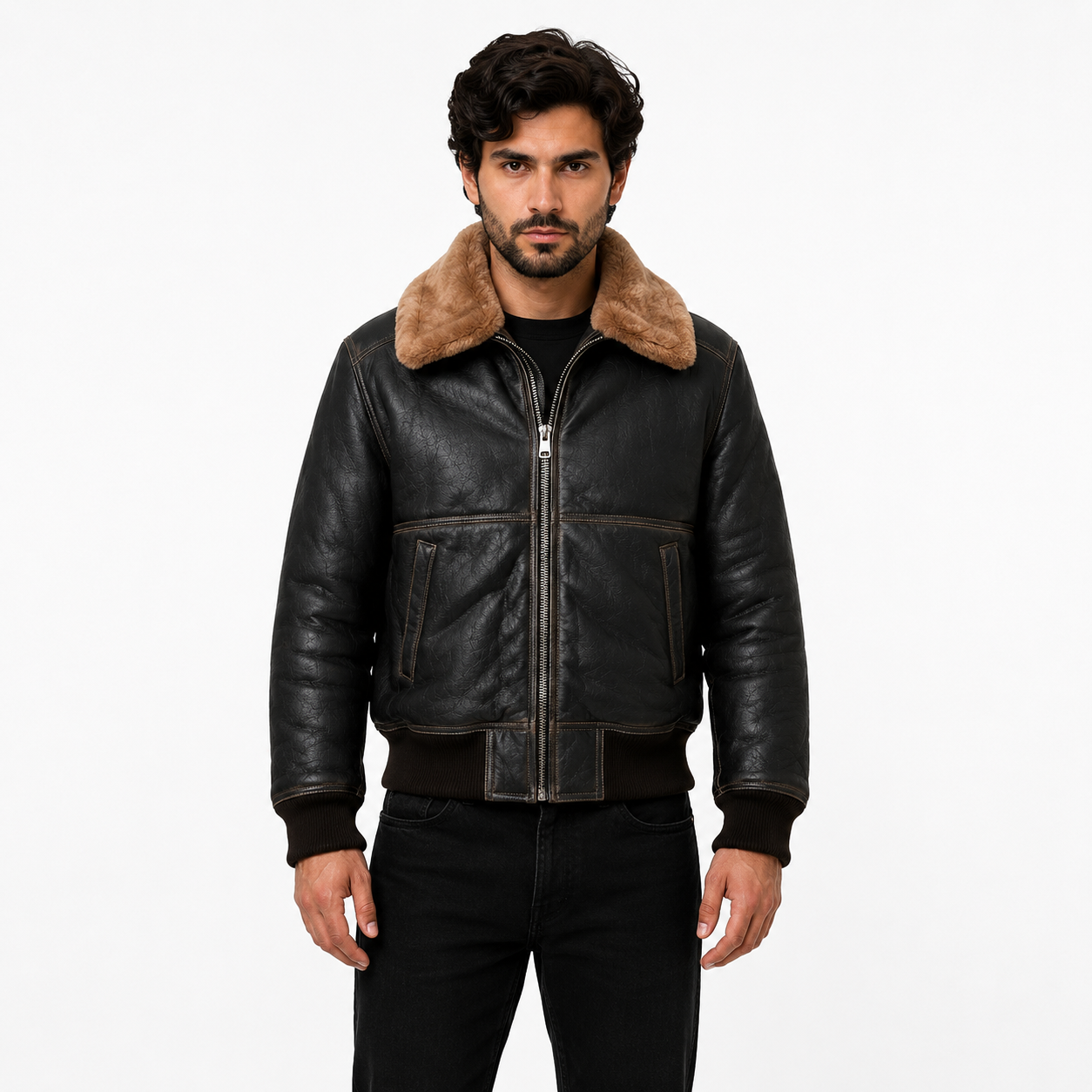 Men's black leather shearling aviator bomber jacket