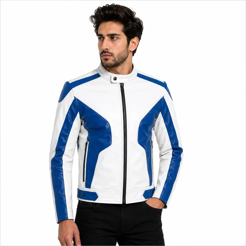 Men's White and Black Genuine Leather Biker Jacket