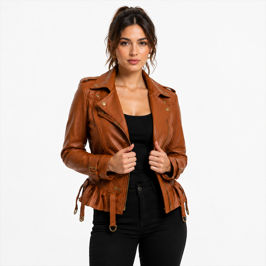 Peplum and Belt Detail on Cognac Leather Biker Jacket