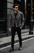 Men's Brando Studded Multi Patches Punk Black Leather Jacket
