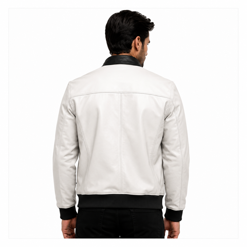 Men's white leather flight bomber jacket
