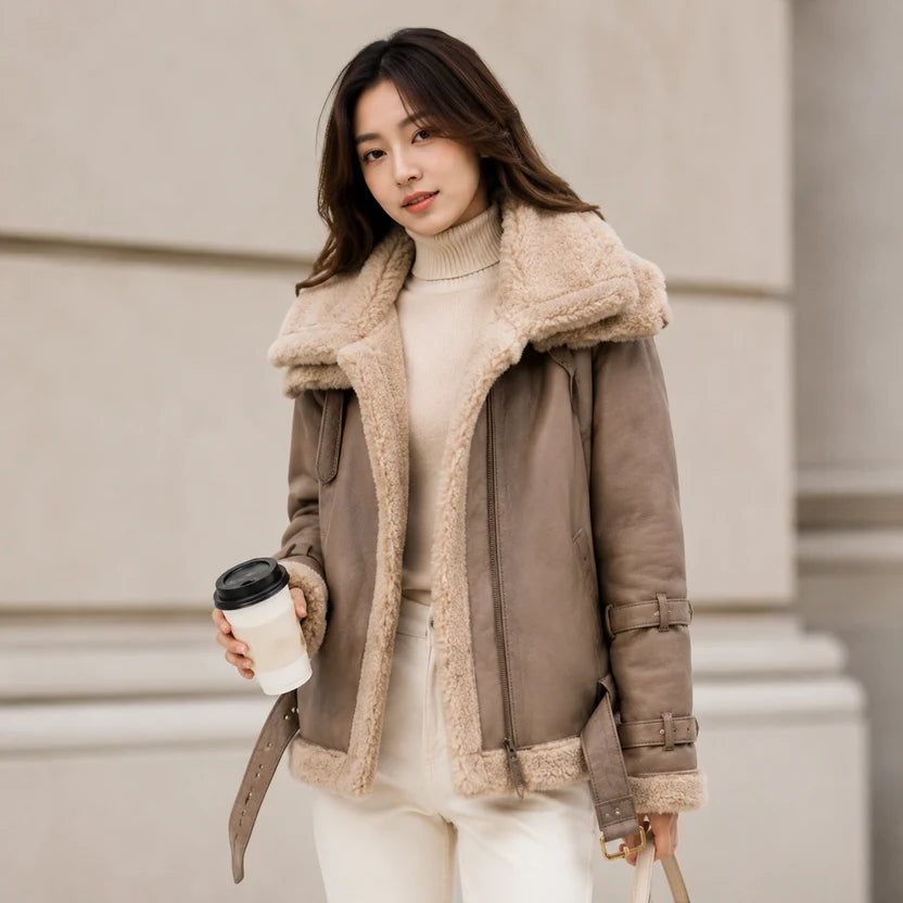 Women's Taupe Brown Shearling Aviator Jacket Real Leather B3 Bomber