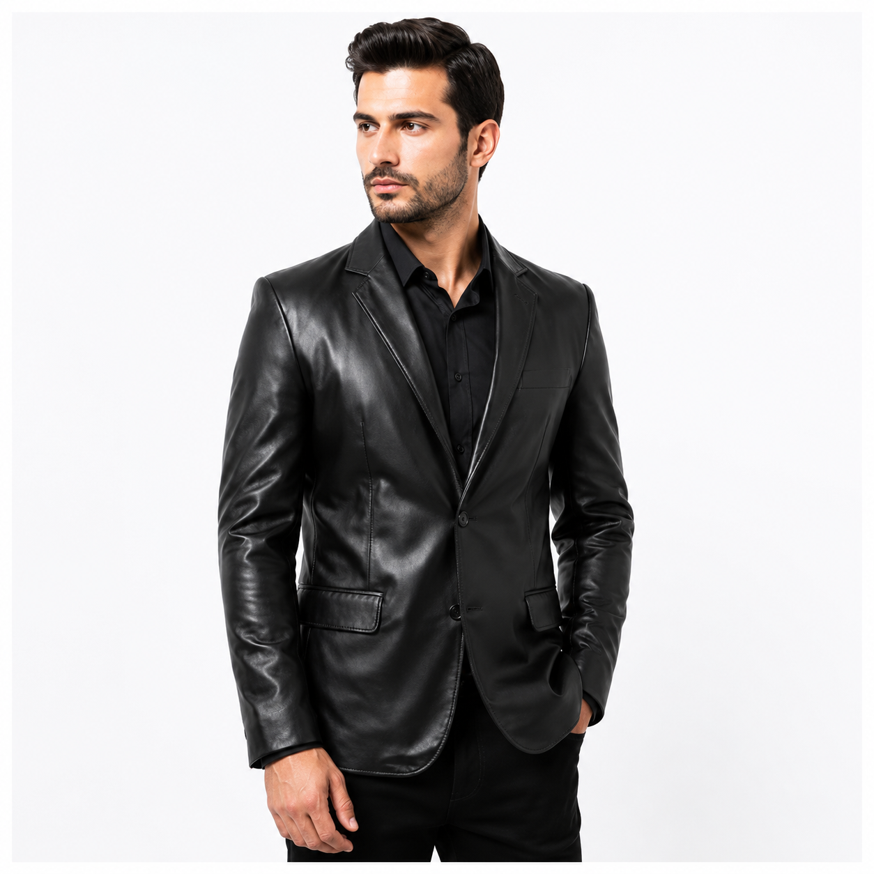 Men's Black Genuine Leather Blazer 2-Button Front View