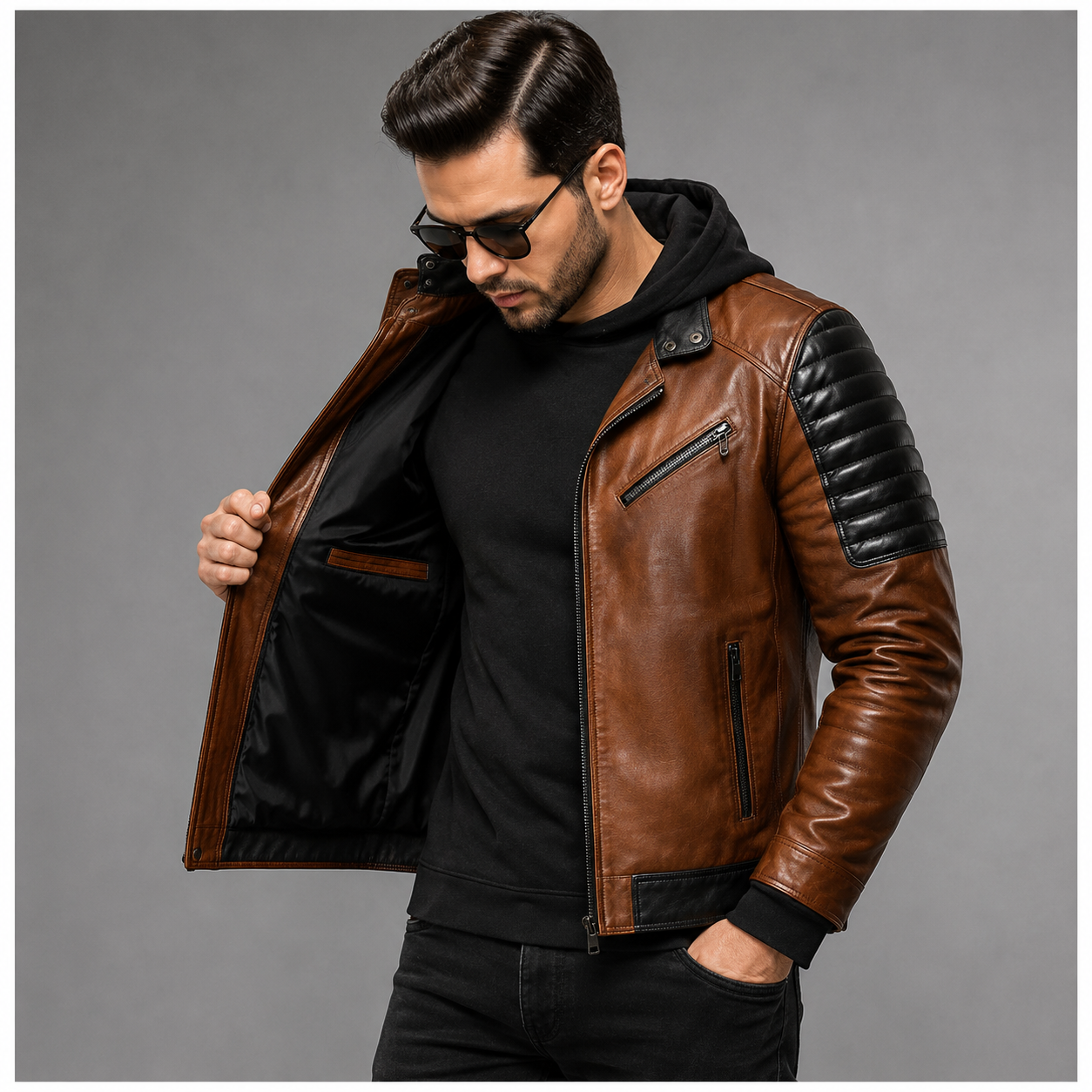 men's brown hooded leather biker jacket
