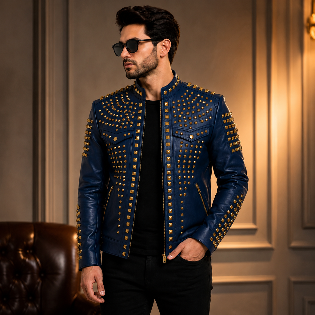Men's Royal Blue Studded Leather Jacket